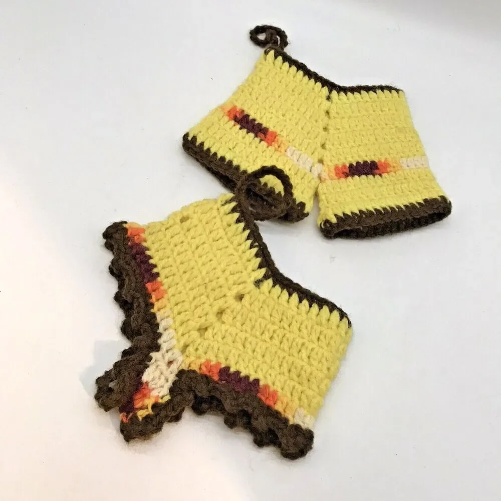 2 Vintage Hand Crocheted His & Hers Pants Potholders Yellow & Brown Hand Crafted